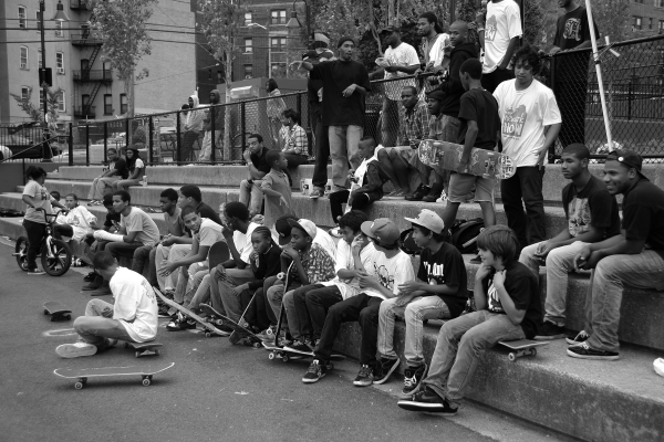 black and white image of skaters in Newark, NJ